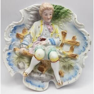 Chase Victorian Wall Plaque - Porcelain 3D - Man Park Bench- Hand Painted Japan